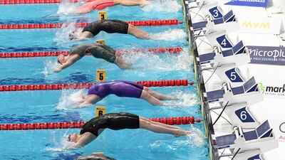 Start of the women’s 50m backstroke heat during the LEN European Aquatics Championships at the Duna Arena in Budapest, on Tuesday, May 18. AFP