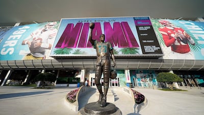 A statue of NFL Hall of Fame quarterback Dan Marino stands outside Hard Rock Stadium, where Super Bowl LIV will be played. AP Photo