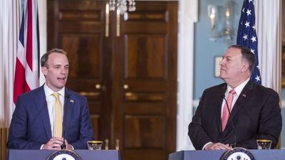 UK Foreign Secretary Dominic Raab, left, speaks during a joint press event at the State Department on August 7, 2019 in Washington, DC. AFP