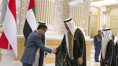 Dr Sultan Al Jaber, UAE Minister of State, and group chief executive of Adnoc greets Joko Widodo, President of Indonesia during a reception at Qasr Al Watan. Courtesy Ministry of Presidential Affairs