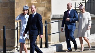 Britain's Catherine, Duchess of Cambridge and her husband, Prince William, Duke of Cambridge with Mike Tindall and Zara Phillips arrive for the annual Easter Sunday Service at St Georges Chapel in Windsor Castle, Britain. The Easter Mattins Service is attended every year by the Royal Family. This year the service falls on the Queen's Elizabeth II birthday. EPA