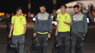 Rodrigo Caio, left, Rhodolfo, second left, Cesar, second right and Pablo Mari of Flamengo upon arrival in Lima, Peru. AP