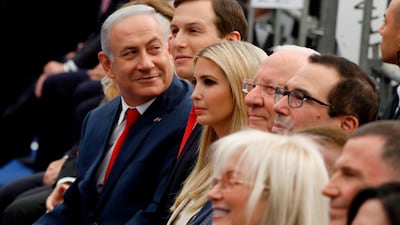 From left, Israel's Prime Minister Benjamin Netanyahu, senior White House adviser Jared Kushner, US President Donald Trump's daughter Ivanka, Israeli President Reuven Rivlin and US Treasury Secretary Steve Mnuchin at the opening of the US embassy in Jerusalem on May 14, 2018. Menahem Kahana / AFP