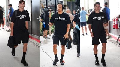 Leroy Sane (centre) definitely pulls the DSquared look off more than the rest - in part because of his natural je ne sais quoi, but also because of his smart (but less formal) shoe choice. Photo / Manchester City