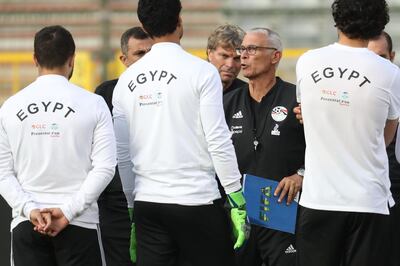 Egypt manager Hector Cuper speaks to his players during a training session on June 5 in Brussels on the eve of the international friendly against Belgium. Belgium won the game 3-0. Virginie Lefour / AFP