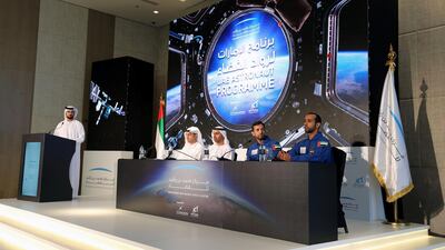 From left to right; Salem Humaid Al Marri, assistant DG, head of the UAE astronaut programme, Yusuf Al Shaibani, director general of MBRSC, Sultan Al Neyadi and Hazza Al Mansouri