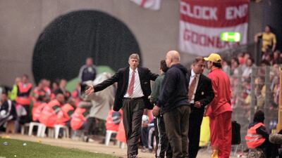 Arsene Wenger the Arsenal manager protests during the Uefa Cup Final against Galatasaray at the Parken Stadium, in Copenhagen, Denmark in May 2000. The match ended in 0-0 draw after extra time, Galatasaray won 4-1 on penalties. Graham Chadwick / Allsport