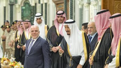 Saudi Arabia's King Salman receives Iraqi Prime Minister Haider Al Abadi in Jeddah, Saudi Arabia, June 19, 2017. Bandar Algaloud/Courtesy of Saudi Royal Court/Handout via REUTERS