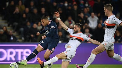 Kylian Mbappe takes a shot on goal against Lorient. AFP