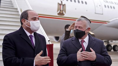Jordanian King Abdullah II welcoming Egypt's President Abdel Fattah Al Sisi to the capital Amman. AFP