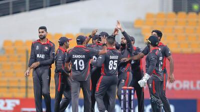 The UAE celebrate victory over Canada. Victor Besa / The National