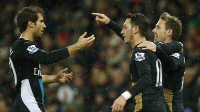 Arsenal's Mesut Ozil celebrates a goal during their Premier League match against Norwich City last weekend. John Sibley / Action Images / Reuters / November 29, 2015