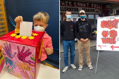 One of the young voters at Friday's youth elections in Hamburg (L) and organisers Theo and Rufus at one of the polling stations.