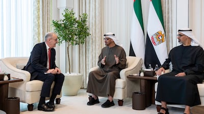 President Sheikh Mohamed meets President Guy Parmelin of Switzerland at Al Shati Palace, in the presence of Sheikh Khaled bin Mohamed, Crown Prince of Abu Dhabi and Chairman of Abu Dhabi Executive Council . All photos: UAE Presidential Court