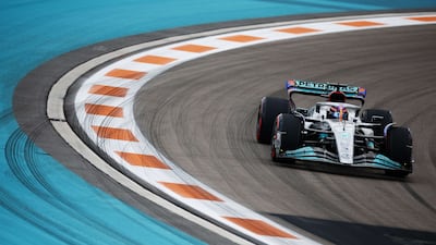 Mercedes driver George Russell on track during second practice ahead of the F1 Grand Prix of Miami at the Miami International Autodrome on May 06, 2022 in Miami, Florida. AFP