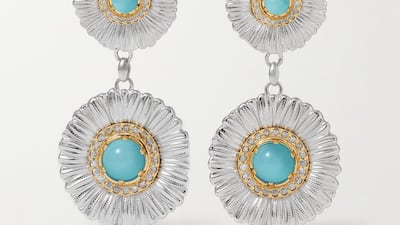 Daisy diamond and agate earrings, Dh13,939, Buccellati, Net-a-Porter. Photo: Net-a-Porter