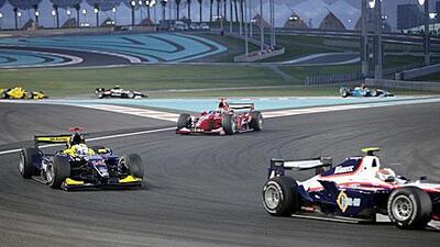 The GP2 cars turn around a corner of the Yas Marina Circuit that hosted the Abu Dhabi Grand Prix.