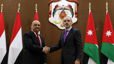 Jordanian Minister of Foreign Affairs Ayman Safadi (R) shakes hand with Yemeni Foreign Minister Khaled Al Yamani, at the Foreign Ministry, in Amman, Jordan, 10 January 2019. EPA