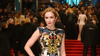 Emily Blunt opted for a medieval-inspired pre-autumn/winter 2017 organza dress by Alexander McQueen, which featured lavish embroidery across the torso. She teamed it with a dragonfly motif ring. Courtesy Alexander McQueen