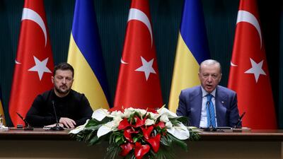 Volodymyr Zelenskyy and Recep Tayyip Erdogan during their joint press conference in Ankara. Reuters