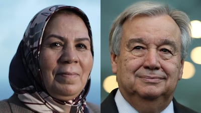Latifa Ibn Ziaten, a Moroccan-French activist, and UN Secretary General Antonio Guterres each won the Zayed Award for Human Fraternity. Courtesy: Higher Committee for Human Fraternity