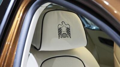 A design detail of a falcon is seen on the headrest of a BMW 750Li UAE edition car.