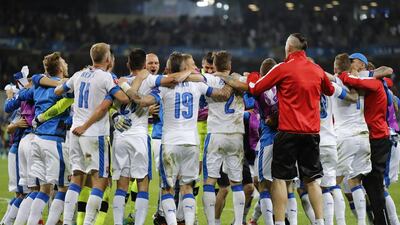 Slovakian players celebrate their side's 2-1 win, at the end of the Euro 2016 Group B soccer match between Russia and Slovakia at the Pierre Mauroy stadium in Villeneuve d’Ascq, near Lille, France, Wednesday, June 15, 2016. (AP Photo/Frank Augstein)