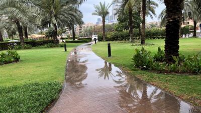 Wet weather in The Greens in Dubai this morning. Rory Reynolds/The National