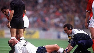 Paul Gascoigne is in agony on the pitch after injuring his knee following a collision with Gary Charles in that 1991 final.