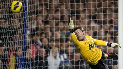 Manchester United's goalkeeper David de Gea fails to reach a goal-bound shot against Chelsea. Adrian Dennis/ AFP