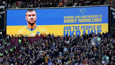 A message of support for West Ham's Ukrainian striker Andriy Yarmolenko on a screen before the Premier League game between West Ham and Wolves at the London Stadium, London, on Sunday, February 27, 2022. PA