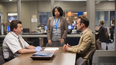 From left, Danny McBride, Kimberly Hebert Gregory and Walton Goggins in Vice Principals, set in a suburban high school. HBO / OSN