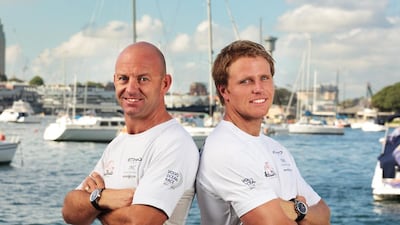 Abu Dhabi Ocean Racing captain Ian Walker, left, and fellow crew member Luke ‘Parko’ Parkinson will join forces on Boxing Day to take on the Rolex Sydney-Hobart Yacht Race aboard Australian yachting legend,Syd Fisher’s Team Ragamuffin. Courtesy Abu Dhabi Ocean Racing