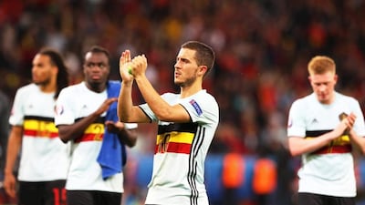 Eden Hazard, centre, and Kevin de Bruyne, right, were among the best attackers at Euro 2016. They just could not Belgium to the semi-finals despite being the tournament dark horses. Laurent Dubrule / EPA