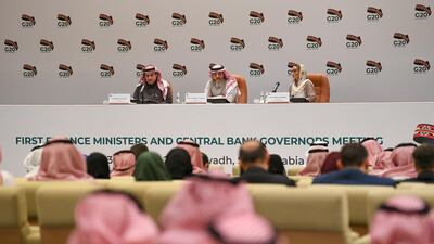 A press conference takes place at the end of the G20 Finance Ministers and Central Bank Governors Meeting in Riyadh, Saudi Arabia, last month. The Group of 20 finance ministers and central bank governors said it was ready to roll our fiscal and monetary measures to aid the response to the coronavirus. EPA