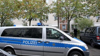 A police vehicle outside the house in which 22-year-old Syrian national Jaber al-Bakr was arrested in Lepizig, Germany on October 10, 2016. The suspect had been on the run since an anti-terrorist raid in Chemnitz found several hundred grams of explosives in an apartment where he was staying. Jan Woitas/EPA