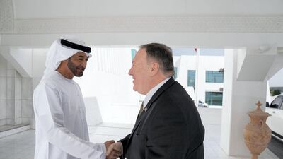 Sheikh Mohamed bin Zayed greets US Secretary of State Mike Pompeo prior to their meeting. Mohamed Al Hammadi / Ministry of Presidential Affairs