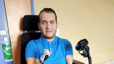 Yousef Abu Omaira, 21, with his wheelchari and robotic arm paid for by Sheikh Mohammed bin Zayed, Crown Prince of Abu Dhabi and Deouty Supreme Commander of the Armed Forces. Crown Prince Court - Abu Dhabi