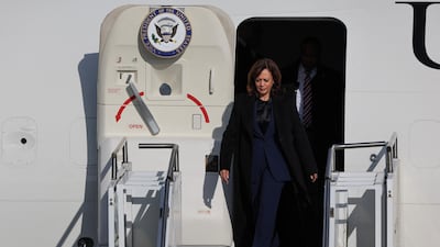 US Vice President Kamala Harris arrives at Munich airport in Germany before heading to the venue of this year's Security Conference. Leonhard Simon / Reuters