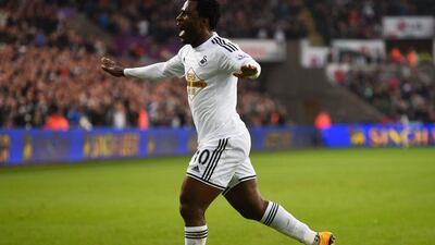 Wilfried Bony of Swansea City celebrates scoring a goal against Crystal Palace in his side's Premier League draw on Saturday. Mike Hewitt / Getty Images / November 29, 2014