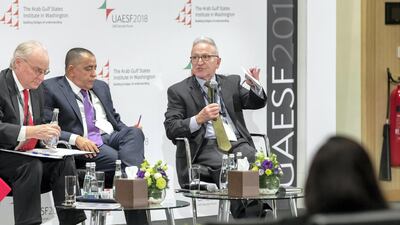 Timothy Lenderking, Mohammed Abulahoum, and US ambassador in YemenStephen A Seche at the third UAE Security Forum. Antonie Robertson / The National
