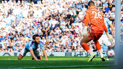 Manchester City's Bernardo Silva scores the first of his goals to make it 4-0. EPA