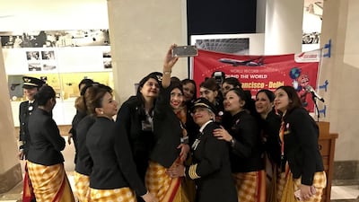 The all female crew of the record-breaking Air India flight during a stop in San Francisco. Courtesy @flySFO via Twitter