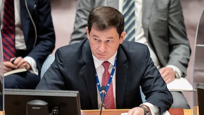 Dmitry Polyanskiy, Russia's deputy UN representative, speaks at a meeting of the Security Council. EPA