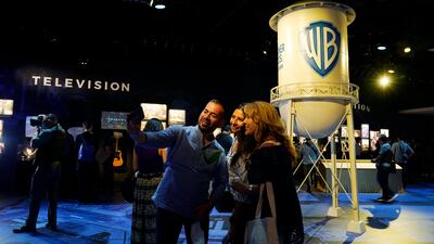 Visitors shoot a selfie inside the Storytelling Showcase at the Warner Bros Studio Tour Hollywood media preview on June 24, 2021, in Burbank, California.