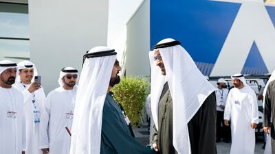 Sheikh Mohamed greets Sheikh Mohammed bin Rashid, Vice President and Ruler of Dubai. UAE Presidential Court