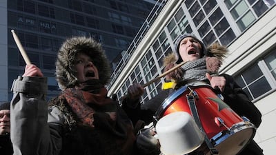 Russian anti-fascist activists protest near the venue of the International Russian Conservative Forum in St Petersburg, March 2015. About 150 representatives of Russian nationalist and right-wing European parties met to berate the West for its stance on the Ukraine conflict and sanctions against Russia. Aleksander Koryakov / Kommersant Photo via Getty Images