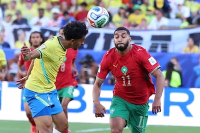 Marquinhos of Brazil, left, in action against Ismael Saibari of Morocco. EPA