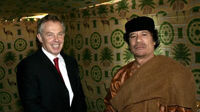 British prime minister Tony Blair with Libyan leader Muammar Qaddafi during talks near Sirte, 2007. Leon Neal / AFP