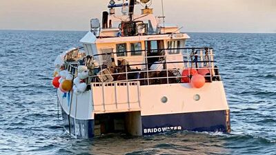 The crew aboard the 'Galwad-Y-Mor' were hauling in a string of 100 crab pots when the bomb was triggered. PA